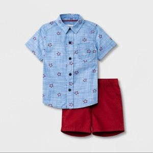 2pc Star Print Chambray Short Sleeve Button-Down Shirt and Woven Shorts Set